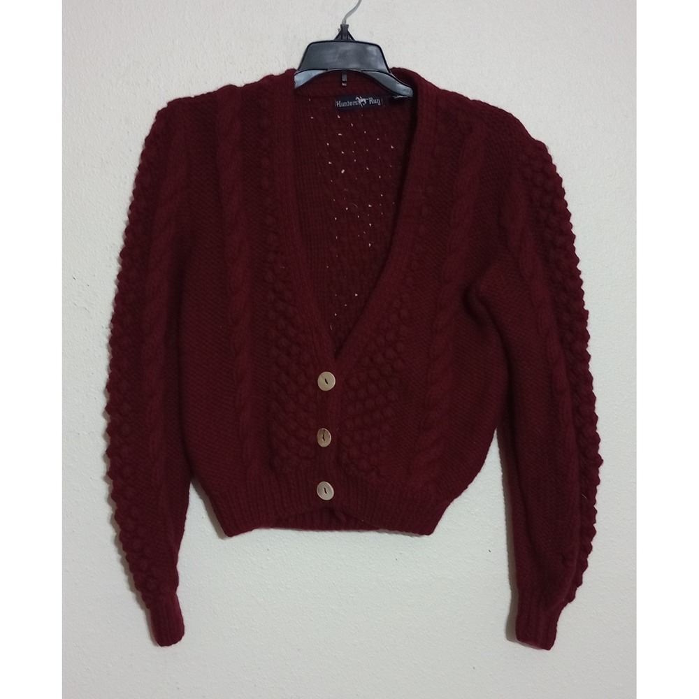 Hunters Run Burgundy Shetland Wool Cable Knit Popcorn Cropped Cardigan Sweater M